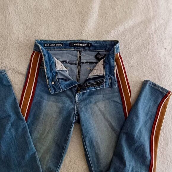 Dollhouse Juniors Side Stripe Skinny Ankle Denim Blue Jeans - Picture 4 of 10
